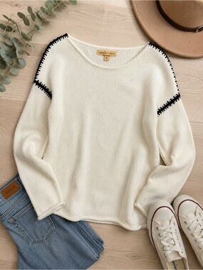 Cozy & mesh Cream Sweater with Black Trim - Women